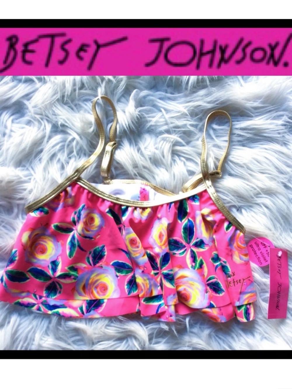 NWT Betsey Johnson Floral Ruffle Bikini Top